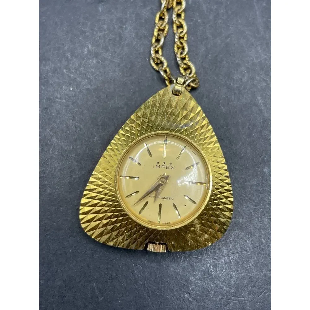 Vtg Impex Mechanical Wind Up Necklace Pendant Watch Gold Tone Swiss Made 30mm